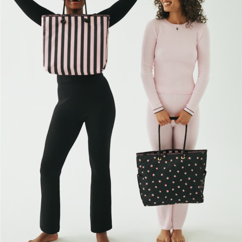 Victoria's Secret Reversible Tote Black Pink Striped Tote And Floral Print NWT